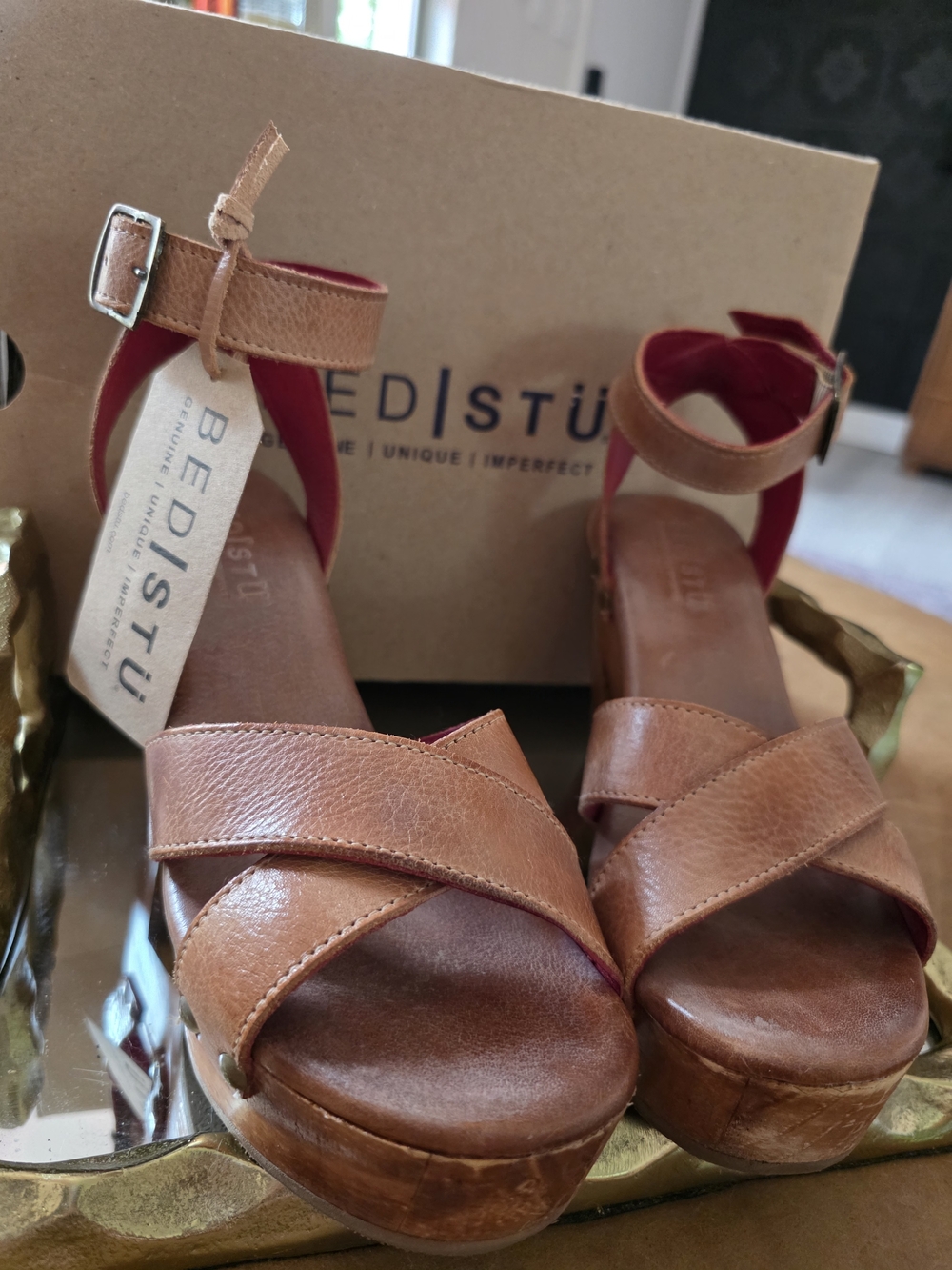 Bed Stu Tan Leather Platform Wedge Sandals with Red Lining